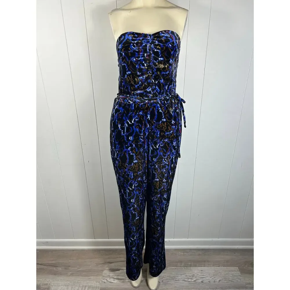 Open Edit Womens Velour Jumpsuit Stretch Strapless Printed Blue Size L. NWOT - Picture 4 of 8